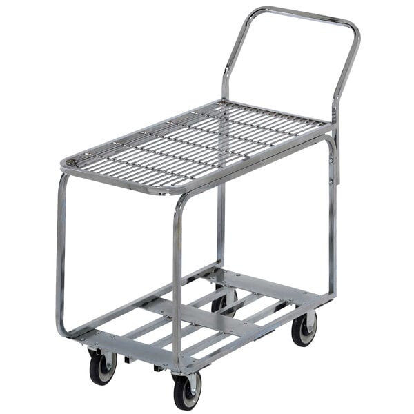 A silver metal Channel stocking cart with wheels and a wire deck.