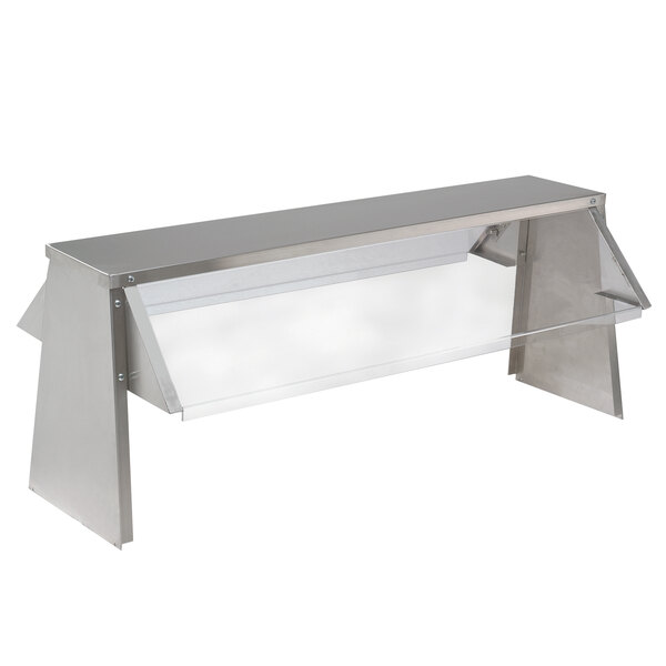 A stainless steel Advance Tabco buffet shelf with a sneeze guard on a kitchen counter.