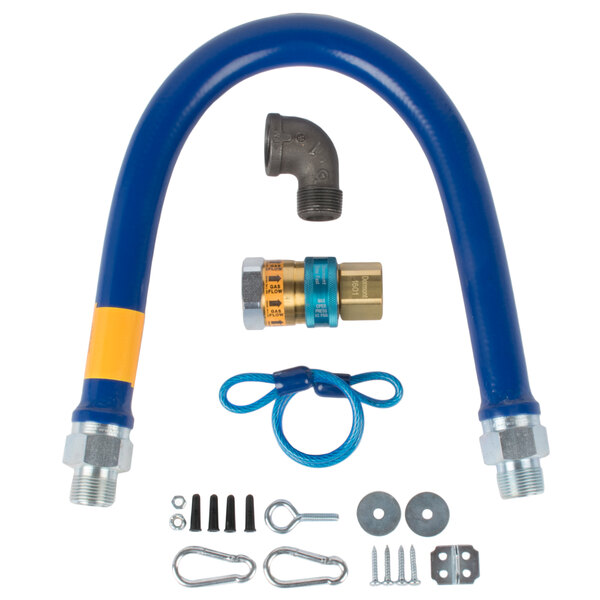 A blue and yellow Dormont gas hose kit with fittings and parts.