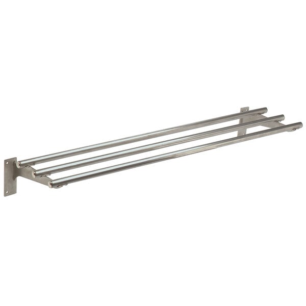 A stainless steel tubular tray slide with drop-down brackets on metal bars.