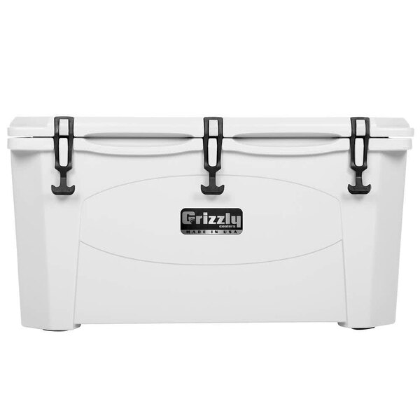 A white Grizzly Cooler with black handles.