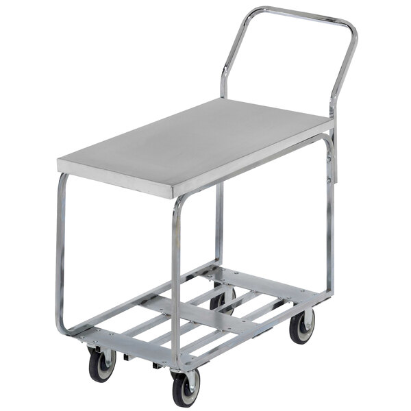 A chrome plated steel Channel stocking cart with a galvanized metal tray and a handle.