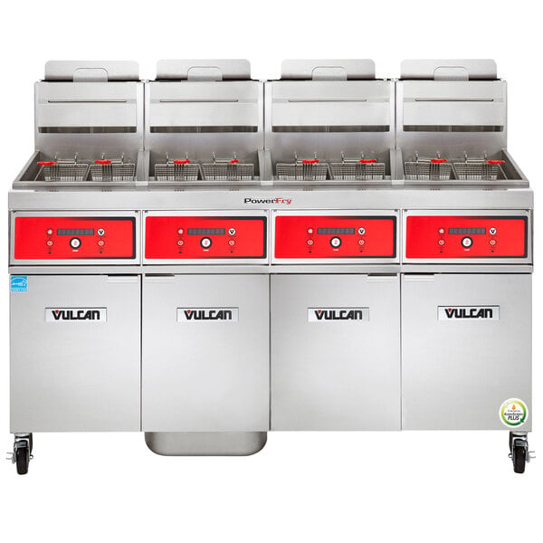 Vulcan 4TR85DF-1 PowerFry3 Natural Gas 340-360 lb. 4 Unit Floor Fryer System with Digital Controls and KleenScreen Filtration - 360,000 BTU