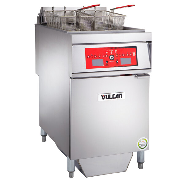 A large stainless steel Vulcan electric floor fryer with red handles.