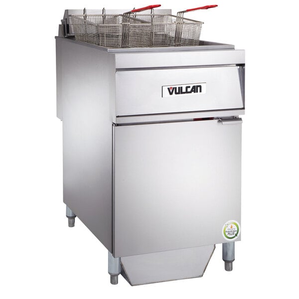 A Vulcan stainless steel electric floor fryer with baskets.