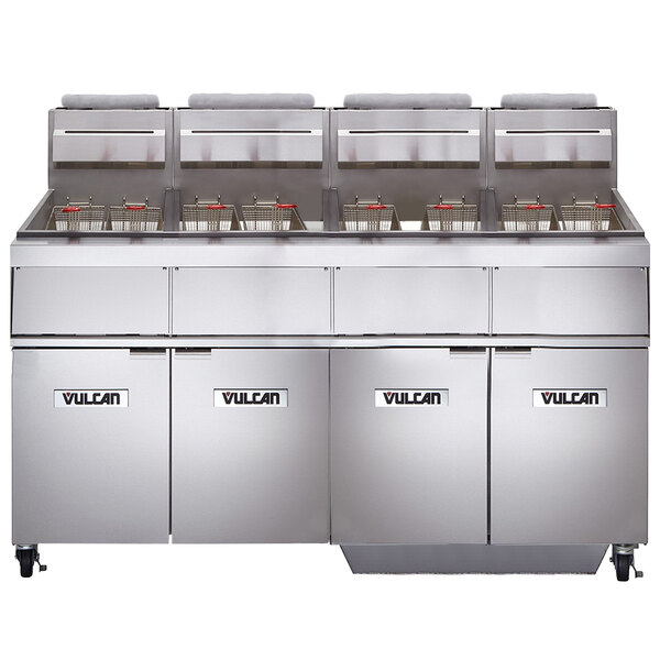 A Vulcan liquid propane commercial floor fryer system with white KleenScreen filtration.