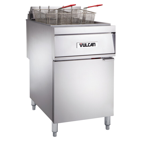 A Vulcan 85 lb. electric floor fryer with analog controls.