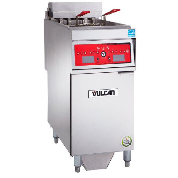 A Vulcan commercial electric floor fryer with computer controls and KleenScreen filtration.