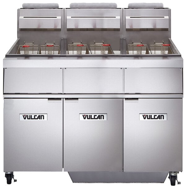A Vulcan natural gas floor fryer system with silver metal KleenScreen filtration.