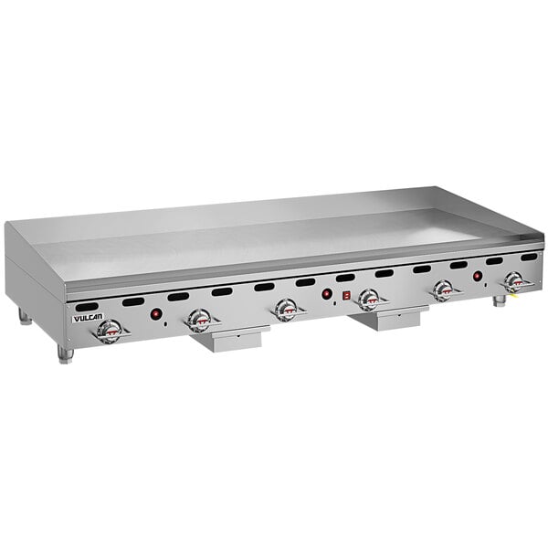 A Vulcan natural gas griddle with snap-action thermostatic controls.