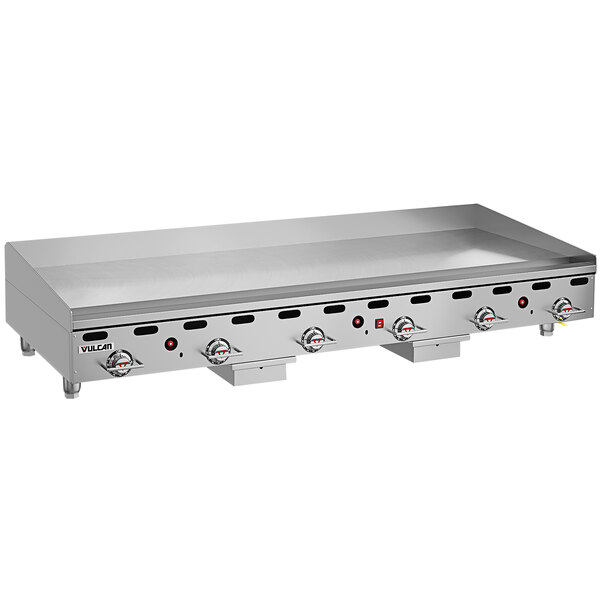 A Vulcan stainless steel liquid propane griddle with thermostatic controls.