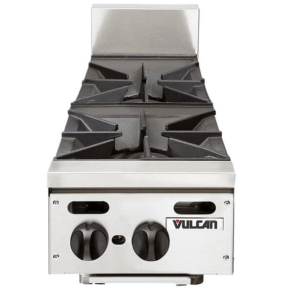 A Vulcan liquid propane countertop range with dual burners and black knobs.
