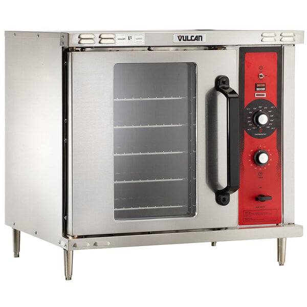 A Vulcan commercial gas convection oven with a red handle.