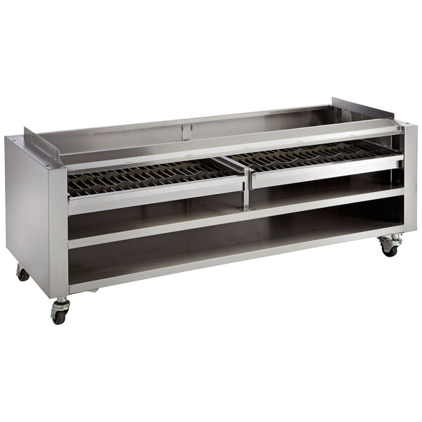A Vulcan stainless steel wood assist stand with two wood trays.