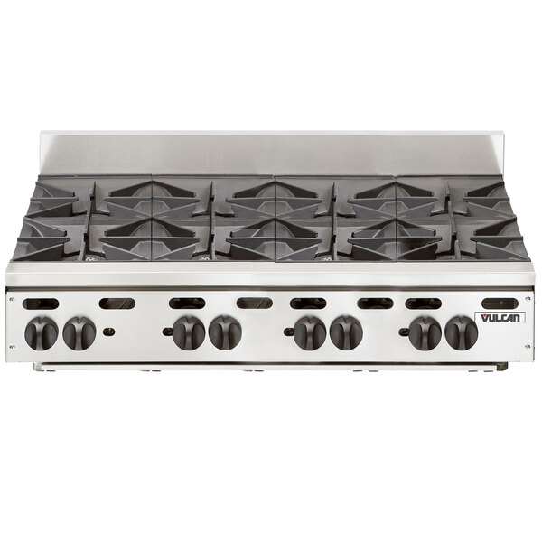 A stainless steel Vulcan countertop gas range with 8 burners.