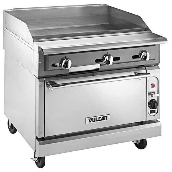 A Vulcan stainless steel 36" liquid propane range with griddle top.