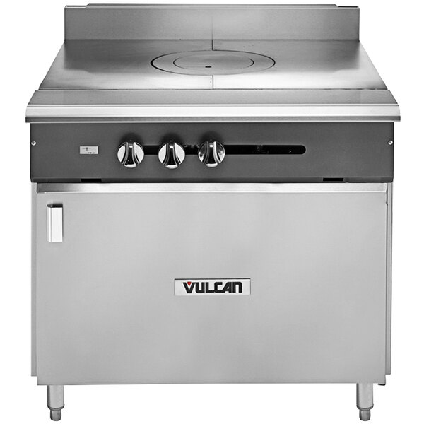 A large stainless steel Vulcan V Series range with a French top on a counter.