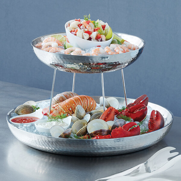 An American Metalcraft stainless steel double wall seafood tray with a bowl of seafood on it.