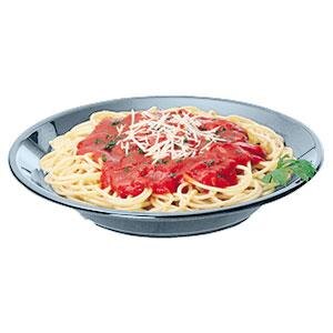 A bowl of spaghetti with sauce and cheese in a Cambro slate blue polycarbonate bowl.