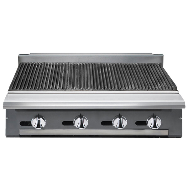 A Vulcan stainless steel liquid propane charbroiler with four burners.