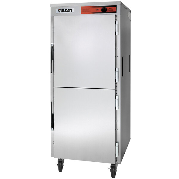 A large silver rectangular Vulcan heated holding cabinet with two doors.