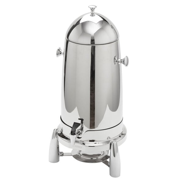 An American Metalcraft stainless steel coffee urn with a lid.
