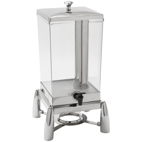 An American Metalcraft stainless steel juice dispenser with a black spigot on a silver pole.