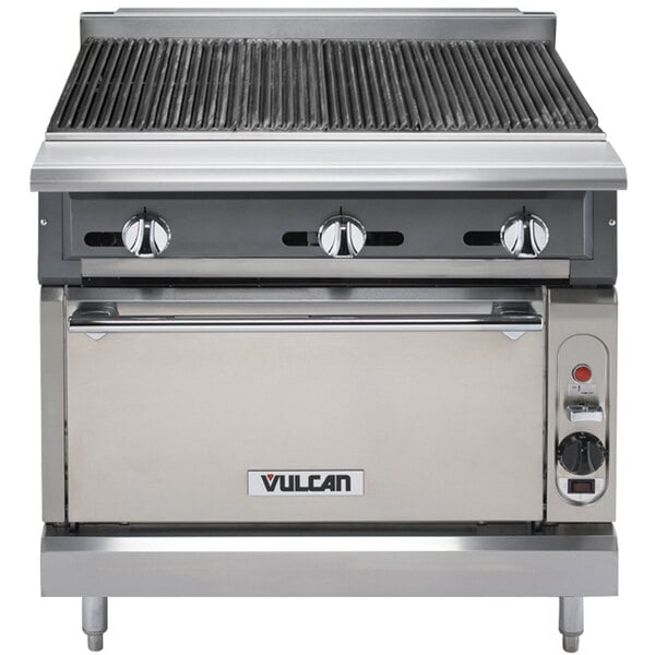 A Vulcan stainless steel floor model charbroiler with a convection oven base.