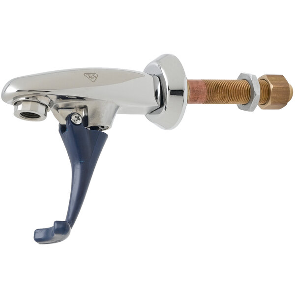 A T&S chrome and blue metal wall mounted glass filler with a nozzle.