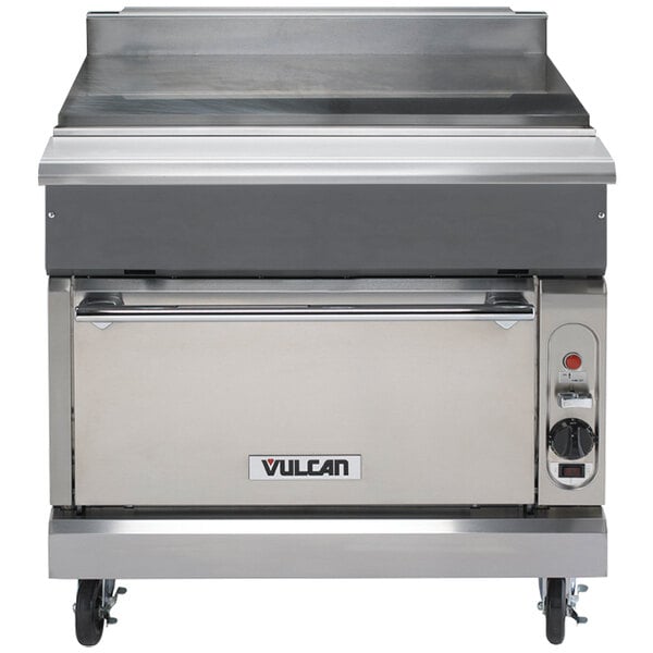 A large stainless steel Vulcan spreader cabinet with a window.