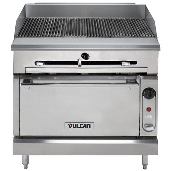 A large stainless steel Vulcan gas charbroiler with a convection oven base.