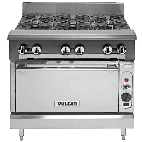 A Vulcan stainless steel V series 6 burner gas range with oven.