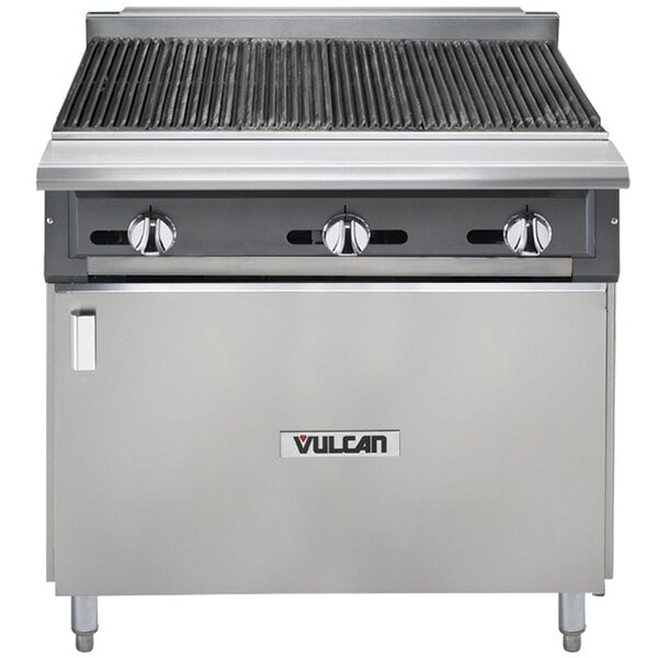 A stainless steel Vulcan liquid propane charbroiler with a black grill.