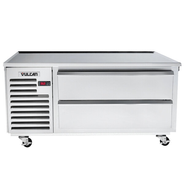 A stainless steel Vulcan 60" refrigerated chef base with drawers.
