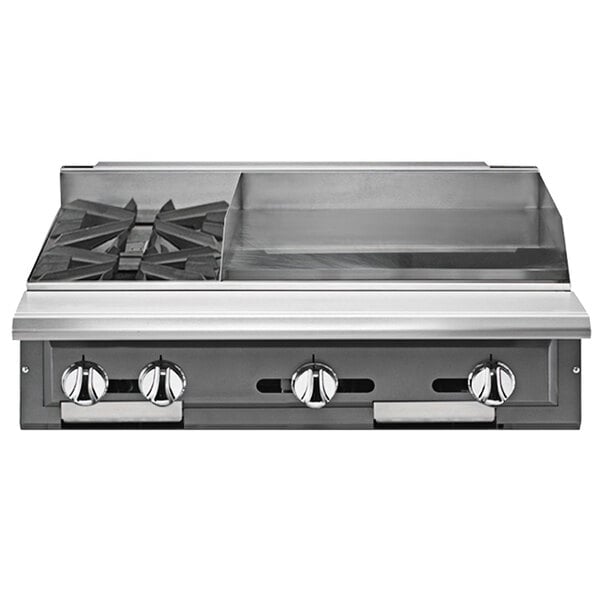 A stainless steel Vulcan V Series gas range with two burners and a right side griddle.