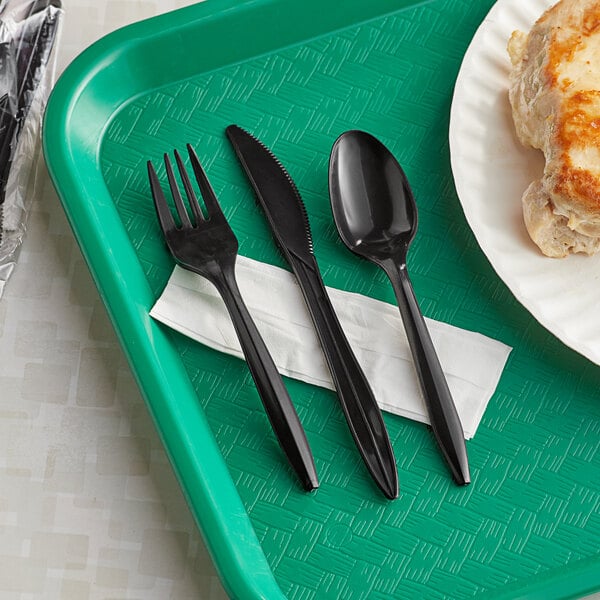 Choice Medium Weight Black Wrapped Plastic Cutlery Set with Napkin - 250/Case