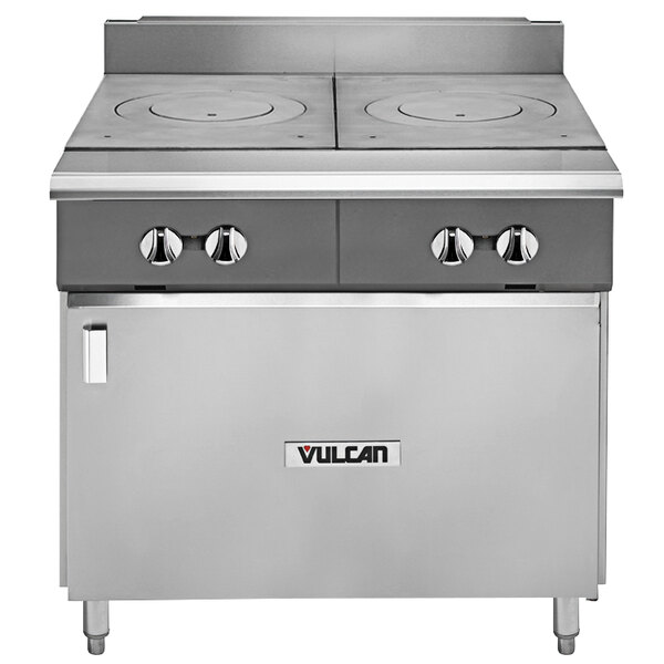A Vulcan V Series natural gas heavy-duty range with a cabinet base and 2 French plates.