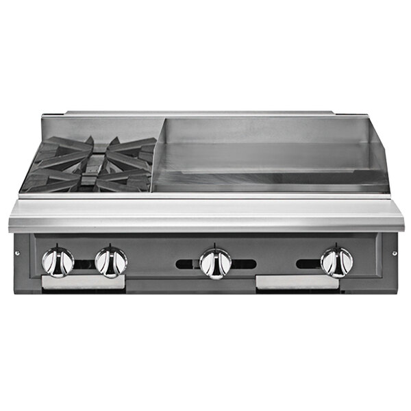 A Vulcan stainless steel natural gas range with two burners.
