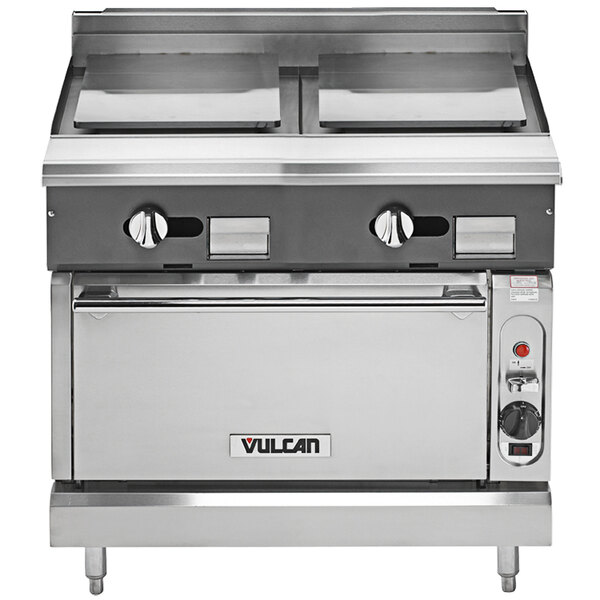 A Vulcan stainless steel 36" liquid propane range with plancha tops.
