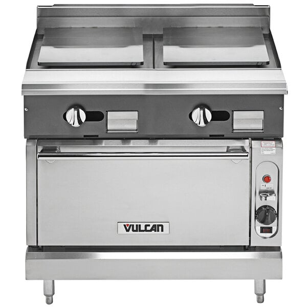 A Vulcan V Series natural gas range with plancha tops and a convection oven.