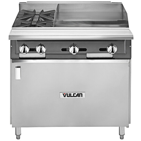 A stainless steel Vulcan V2BG4TB-NAT gas range with 2 burners, a griddle on the right, and a cabinet base.