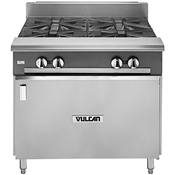 A large stainless steel Vulcan V4B36B-NAT gas range on a counter with a cabinet base.