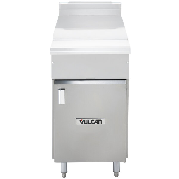 A Vulcan stainless steel cabinet base with a door.