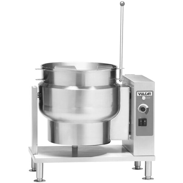A Vulcan 20 gallon stainless steel steam kettle on a stand.