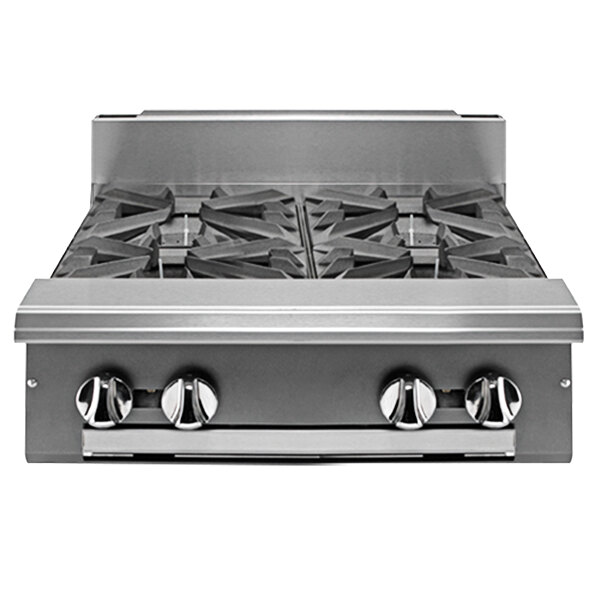 A Vulcan stainless steel liquid propane range with four burners on a counter.