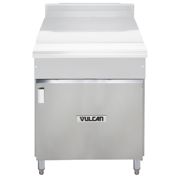 A white rectangular stainless steel cabinet base with a white lid.