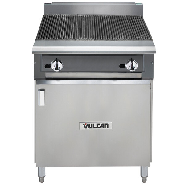 A Vulcan V Series stainless steel gas charbroiler with a cabinet base.