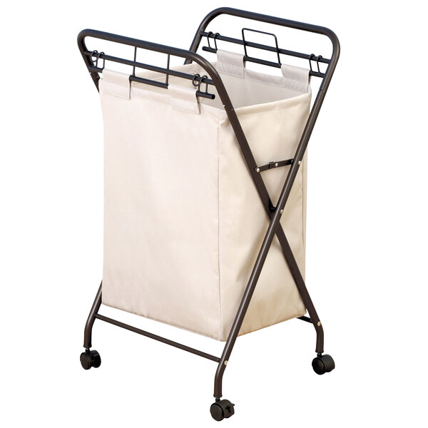 An Antique Bronze Mobile Rectangular Laundry Hamper with a white bag on a black metal frame.