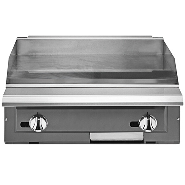 A Vulcan stainless steel 24" range with a griddle top and two burners.