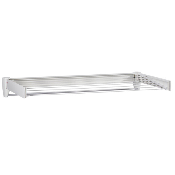 A white metal 40 5/8" retractable wall mount drying rack with metal rods.